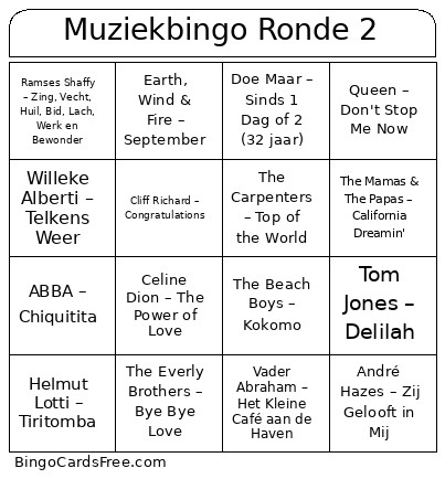 Muziek Ronde 2 Bingo Card