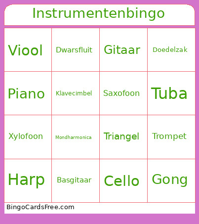 Muziekinstrumenten Bingo Card