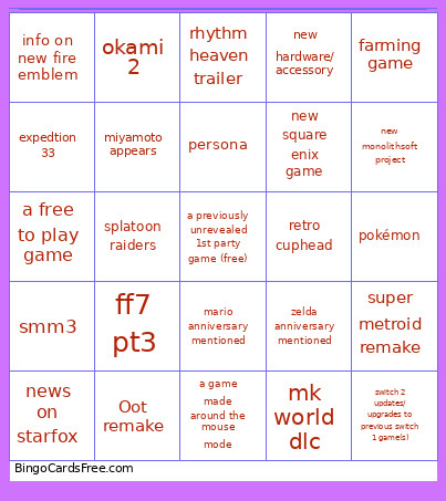 My 2026 June Nintendo Direct Prediction Bingo Card