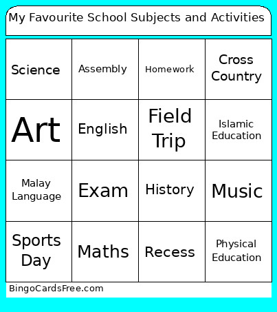 My Favourite School Subjects And Activities Bingo Card