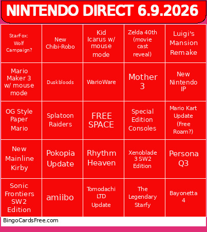 My Nintendo Direct 6.9.2026 Bingo Card