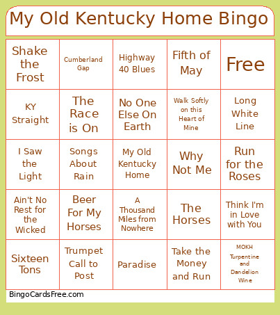 My Old KY Home Music Bingo Card