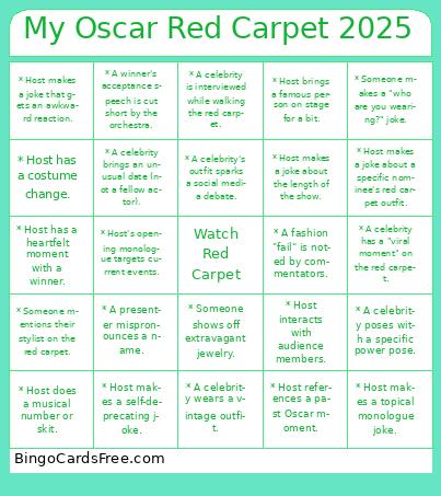 My Oscar Red Carpet 2025 Bingo Cards Free Pdf Printable Game, Title: My Oscar Red Carpet 2025