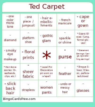 My Red Carpet Bingo Cards Free Pdf Printable Game, Title: Ted Carpet