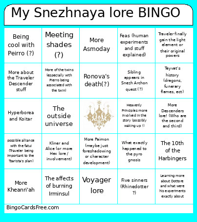 My Snezhnaya Lore Bingo Card