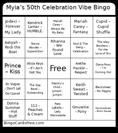 Myia’s 50th Celebration Vibe Bingo Card