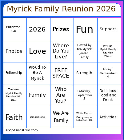 Myrick Family Reunion 2026 Bingo Card