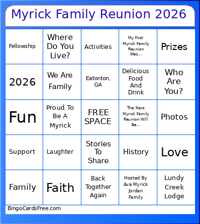 Myrick Family Reunion 2026 Bingo Card
