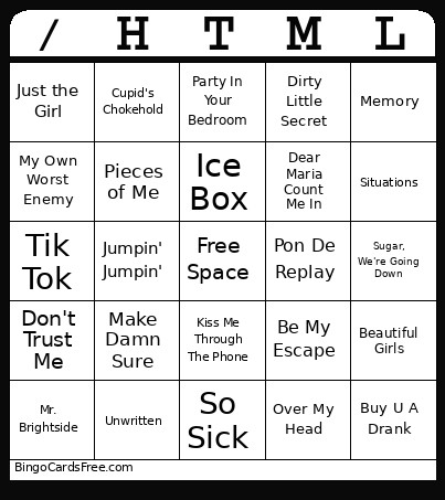 Myspace Page Music Bingo Card