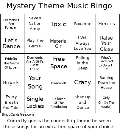 Mystery Theme Music Bingo Card