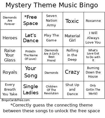 Mystery Theme Music Bingo Card