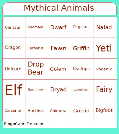 Mythical Animals Bingo Card