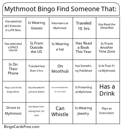 Mythmoot Bingo Cards Free Pdf Printable Game, Title: Mythmoot Bingo Find Someone That: