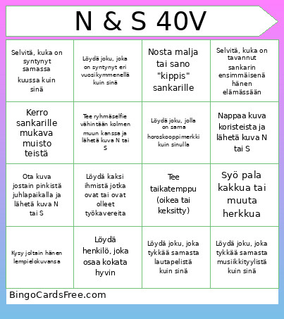 N & S 40V Bingo Card