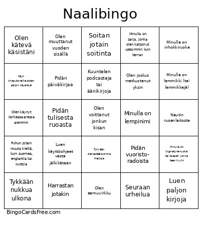 Naali Bingo Card