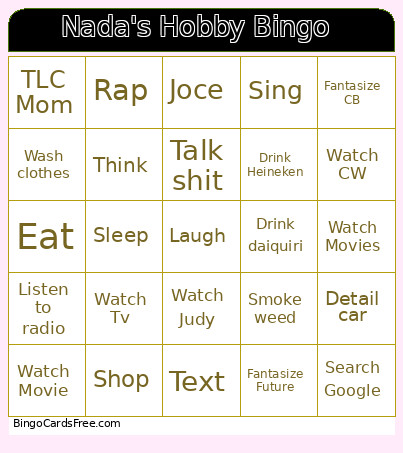 Nada's Hobby Bingo Card