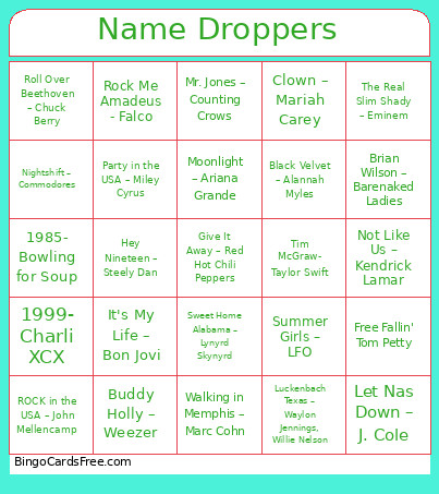 Name Droppers Bingo Card