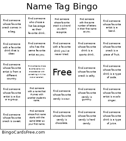 Name Tag Scavenger Hunt Bingo Card