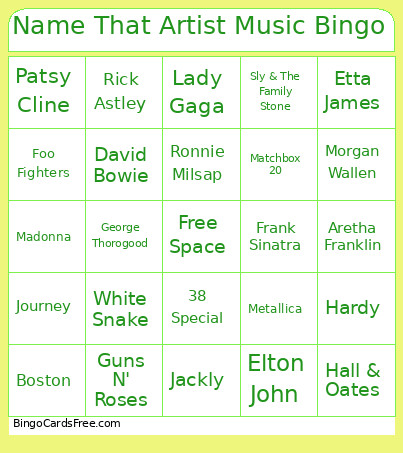 Name That Artist Music Bingo Card