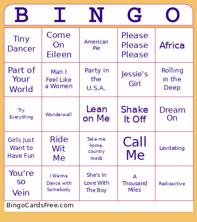 Name That Tune Bingo Card