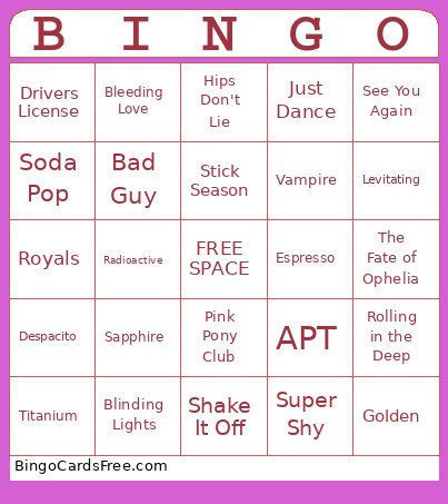 Name That Tune Bingo Card