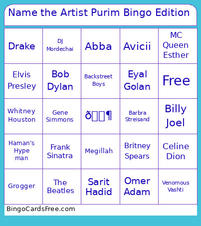 Name The Artist Purim Edition Bingo Card