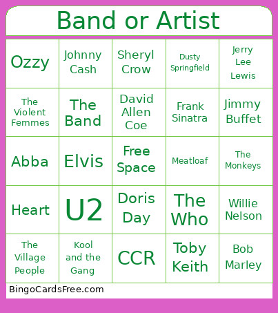 Name The Band Or Artist Bingo Card
