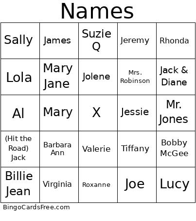 Names Bingo Card