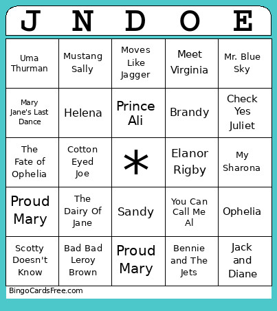 Names In Songs Music Bingo Card