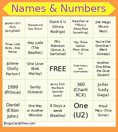 Names & Numbers Bingo Card