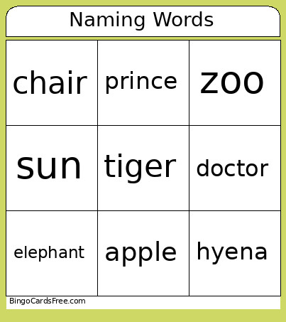 Naming Words Bingo Card