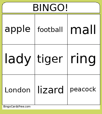 Naming Words Bingo Card