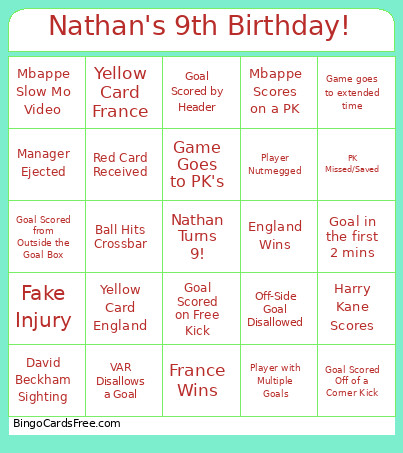 Nathan's 9th Birthday! Bingo Card