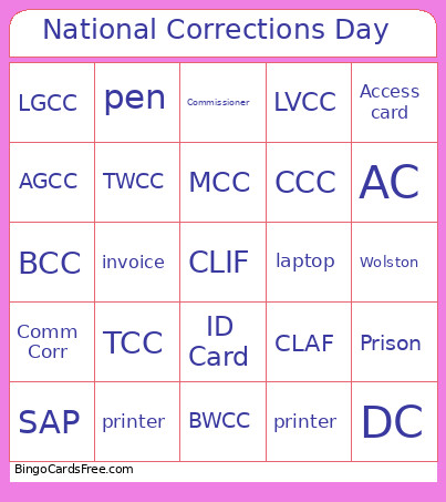 National Corrections Day Bingo Card