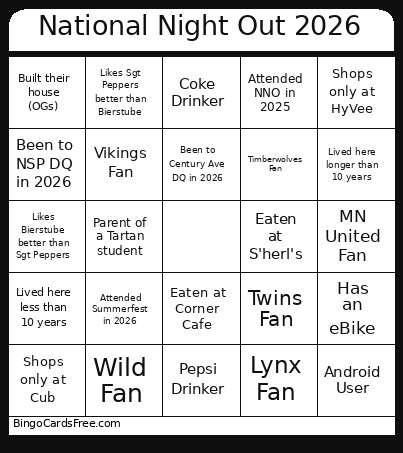 National Night Out 2026 Bingo Card