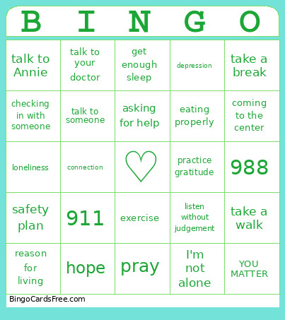 National Suicide Month Bingo Card