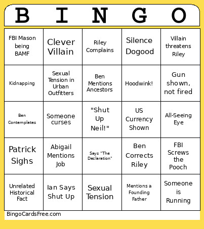 National Treasure Bingo Card