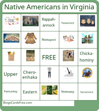 Native Americans in Virginia Bingo Cards Free Pdf Printable Game, Title: Native Americans in Virginia