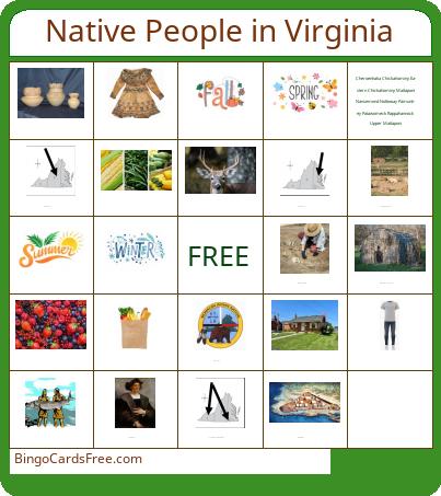 Native People in VA Bingo Cards Free Pdf Printable Game, Title: Native People in Virginia