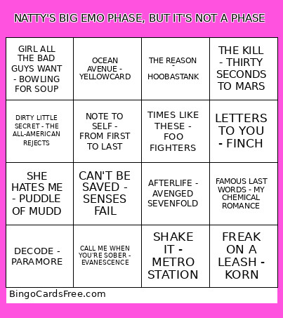 NATTY'S BIG EMO PHASE, BUT IT'S NOT A PHASE Bingo Card