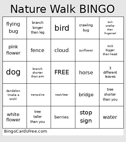 Nature Walk Kid Bingo Card