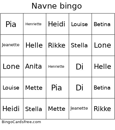 Navne Bingo Card