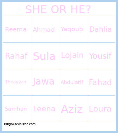 Nawar’s Gender Reveal Bingo Card