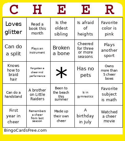 NB CHEER Bingo Card