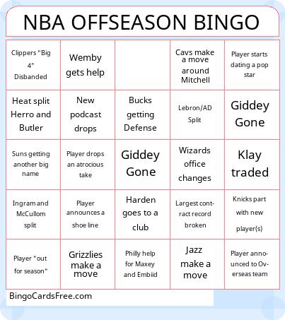 NBA Offseason  Bingo Cards Free Pdf Printable Game, Title: NBA OFFSEASON BINGO