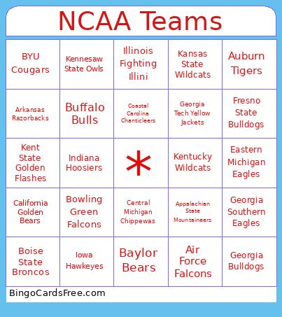 NCAA Teams Bingo Card