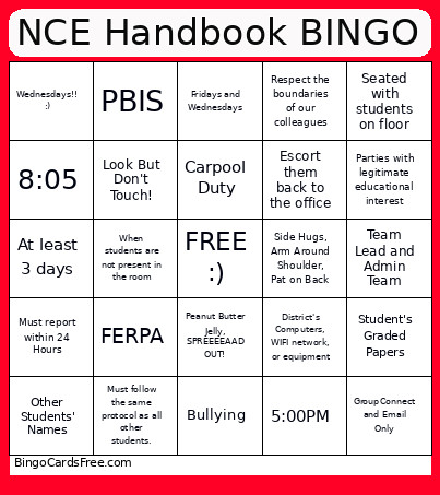 NCE Handbook Bingo Card