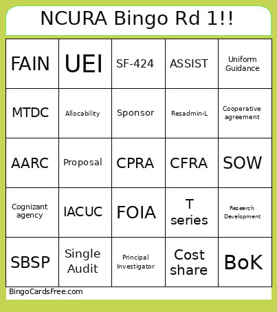 NCURA Rd 1!! Bingo Card