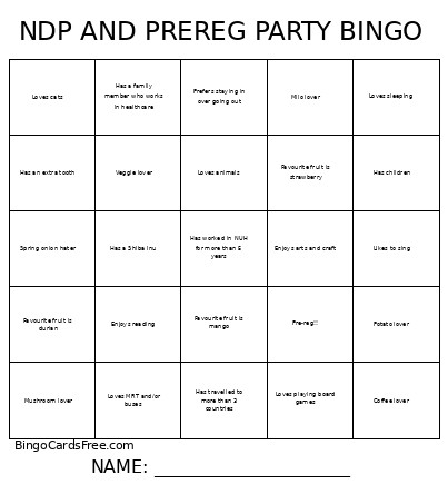 NDP AND PREREG PARTY Bingo Card