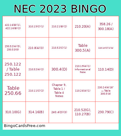 NEC 2023 Bingo Card